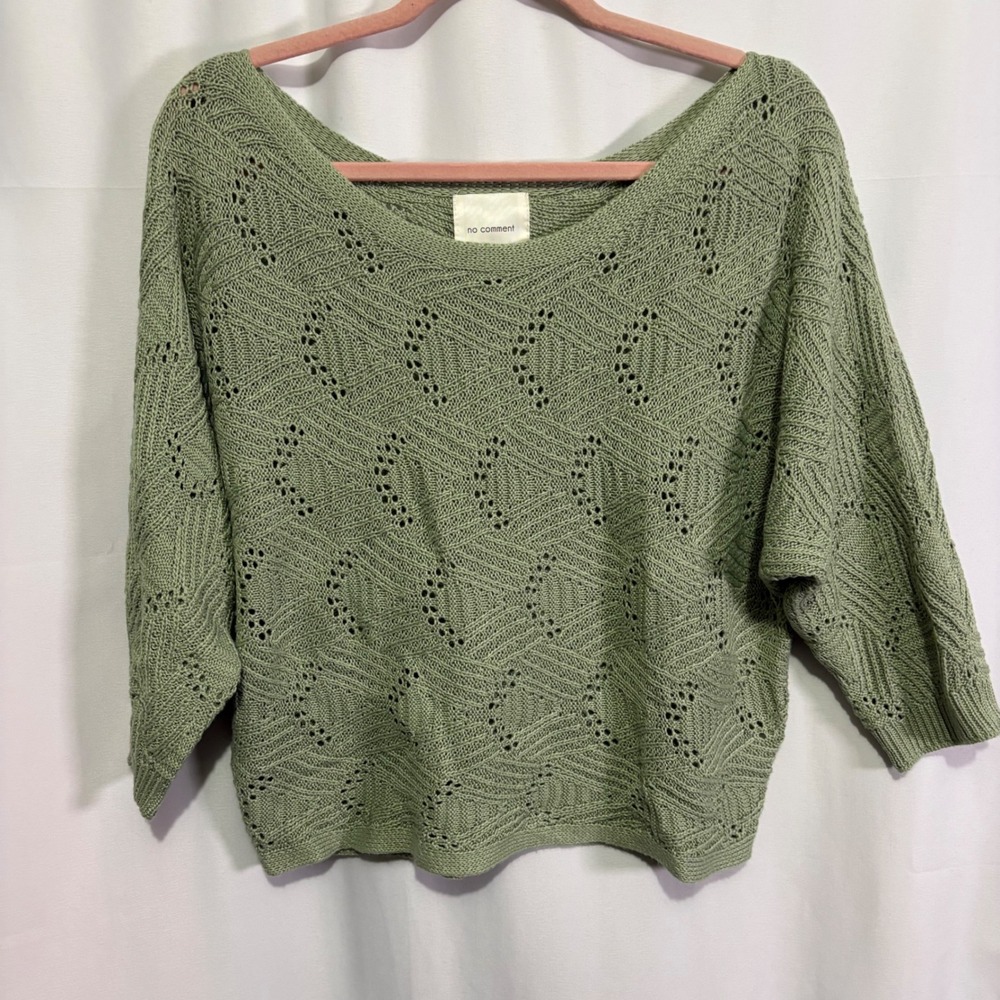 No Comment Green Pointelle Knit Dolman Sweater XL Balletcore Dainty Feminine